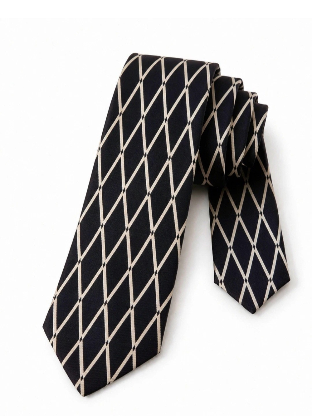 VTG Nottingham Black Warm Ivory Diamond Pattern Necktie Mens Standard Silk Tie